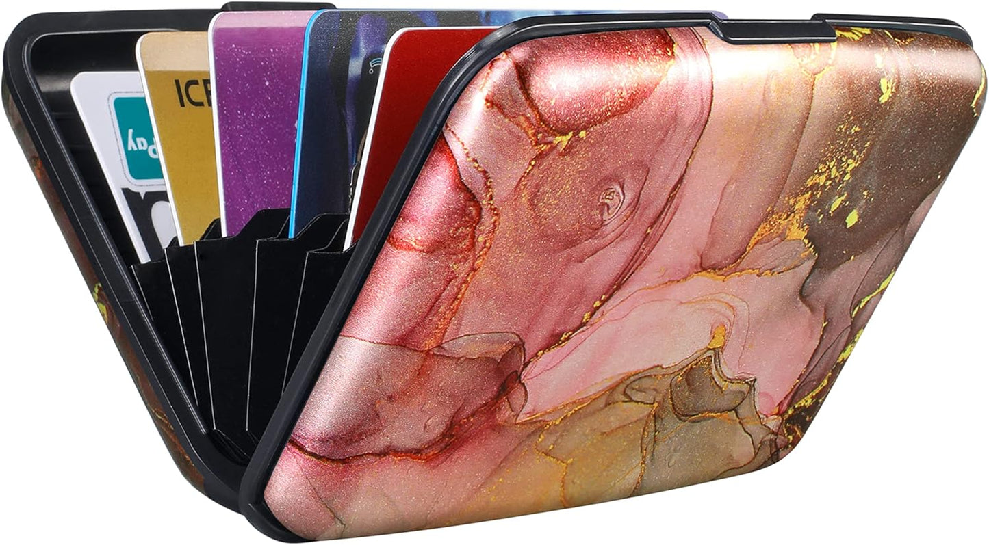 ELFISH Mini RFID Aluminum Wallet Credit Cards Holder Business Card Case Metal ID Case for Men Women(Pink Grey Marble