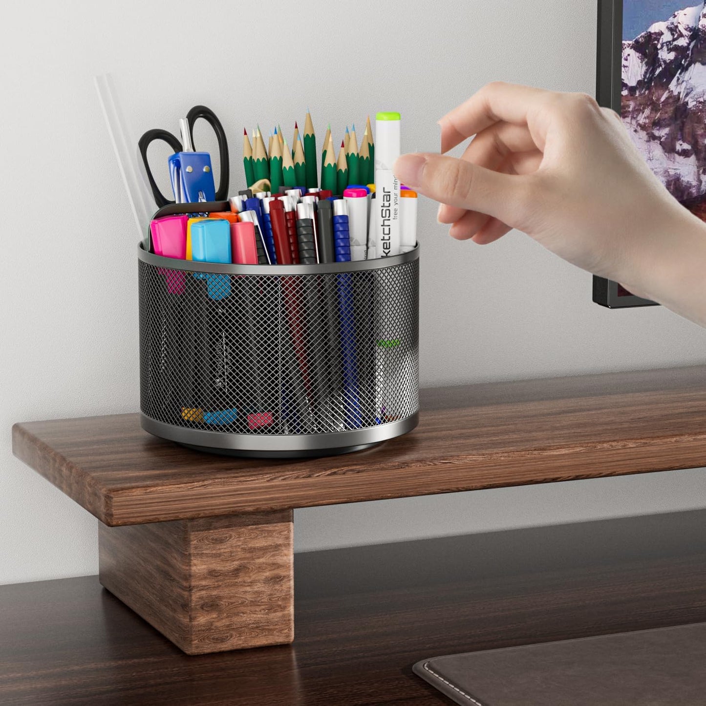 LUCYCAZ 360 Rotating Metal Pencil Pen Holder for Desk, Rotating Pencil Cup with 5 Slots, Dual-Purpose Desk Pen Organizer for Office, School, Home (Round)