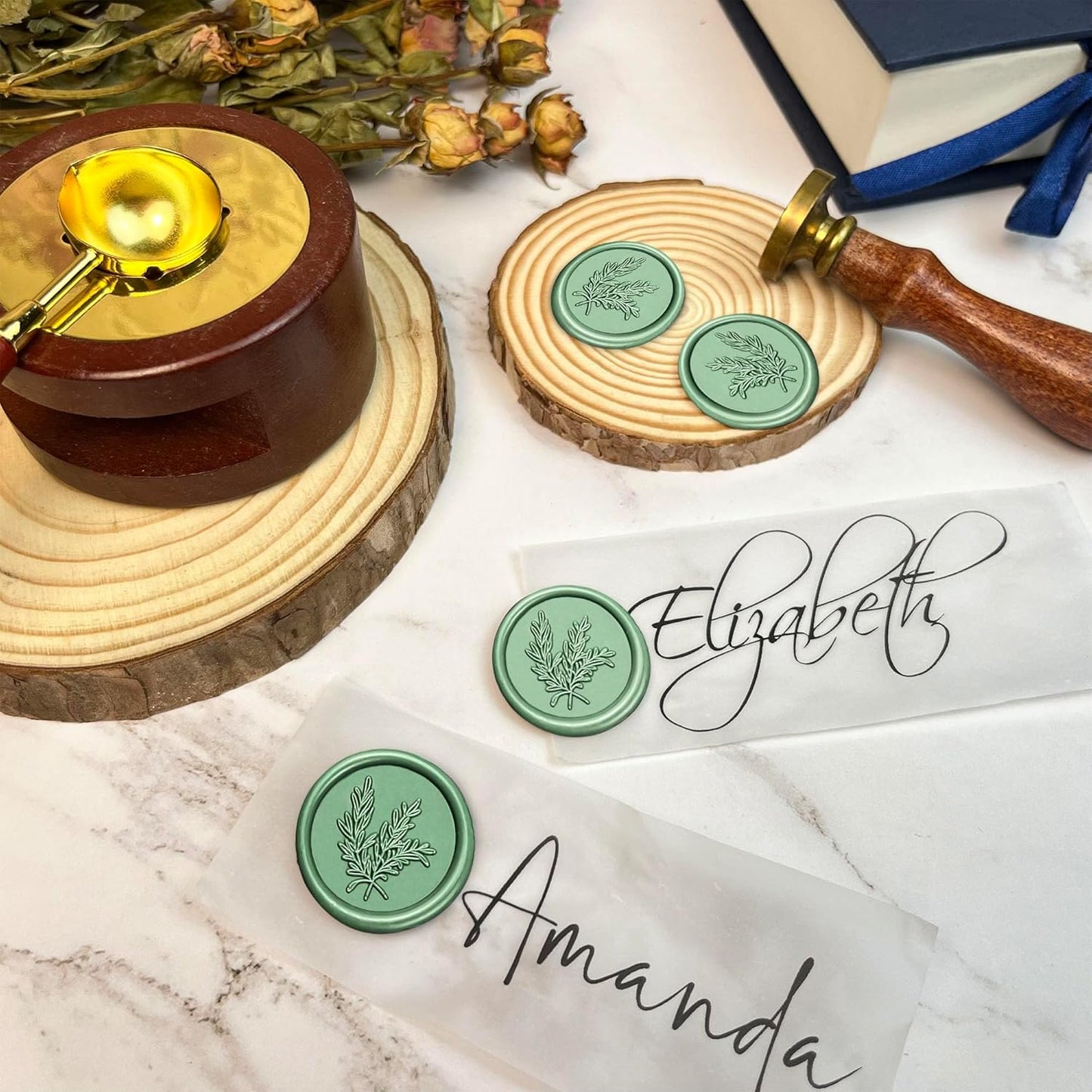 100Pcs Wax Seal Stickers Handmade Envelope Seals Self Adhesive Wax Stickers for Wedding Party Invitations, Envelope, Gift Wrap, Christmas(Rosemary Style, Olive Green)