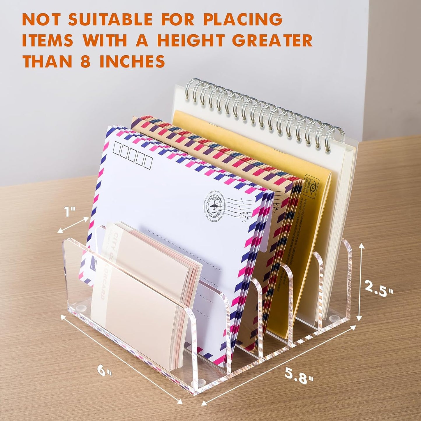 BEYGORM Acrylic Mail Holder, Clear Multifunction Desk Organizer with Divider, Vertical Letter Sorter for Desktop, 5 Compartments Modern Office Home Envelope Organizer for Bill, Document, Notebook