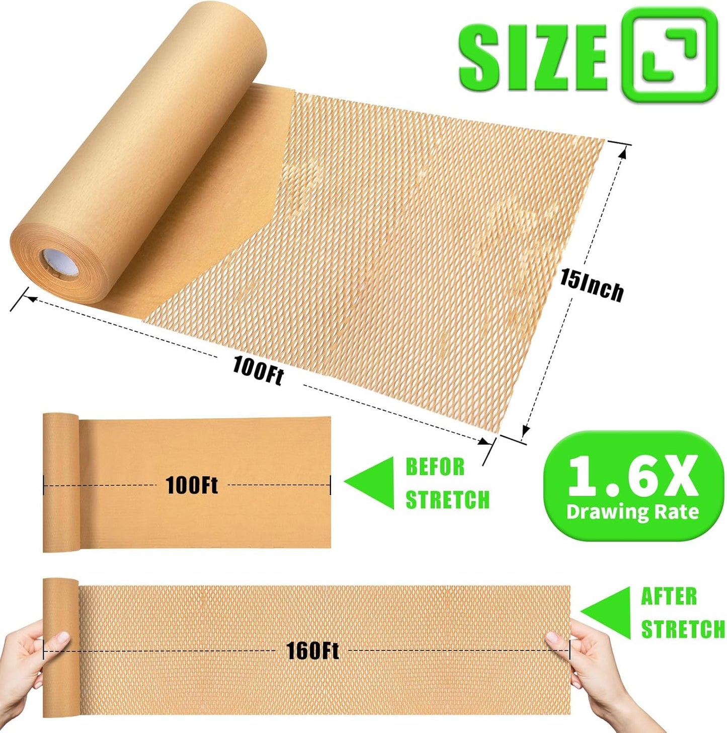 Honeycomb Packing Paper, MINHAO 15"x100' Eco Friendly Packing Paper for Moving Recyclable Honeycomb Paper Moving Supplies Bubble Paper Wrapping Protective Roll, With 36 Fragile Sticker Labels