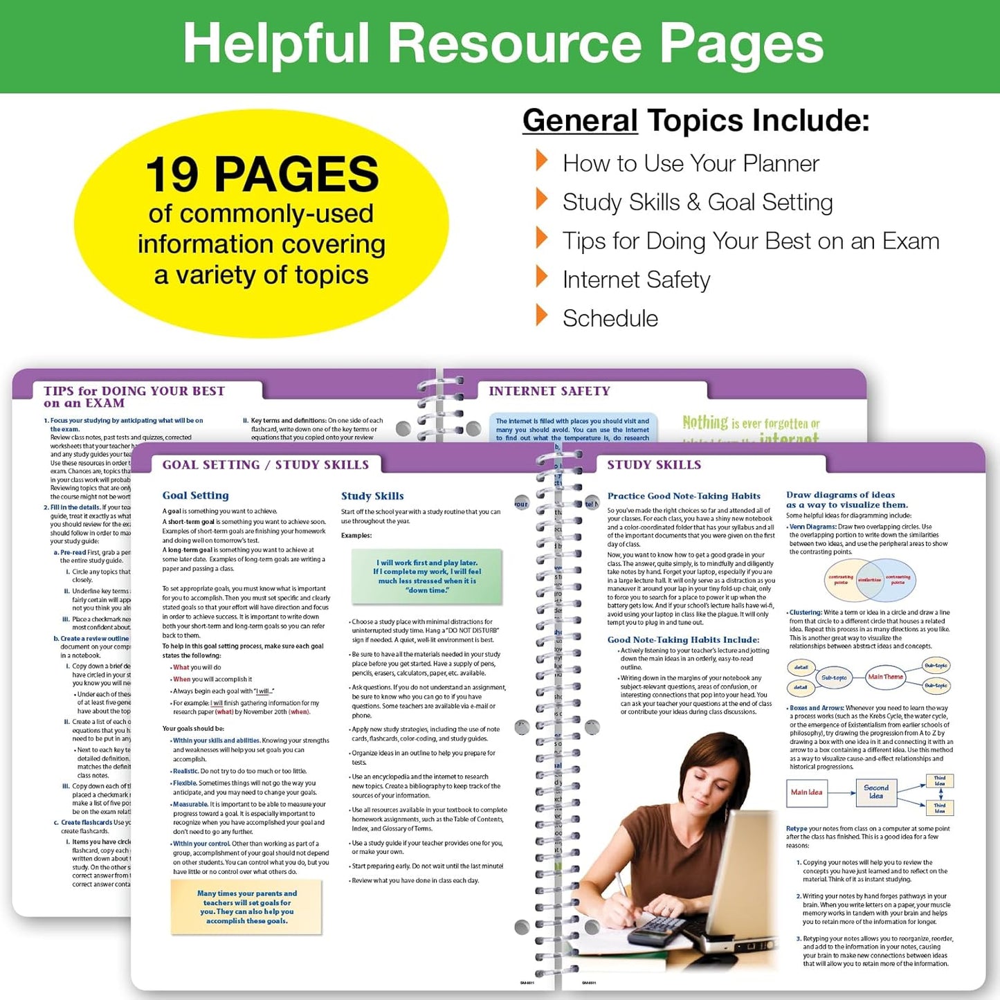Global Datebooks Dated Middle School or High School Student Planner for Academic Year 2025-2026 Includes Ruler/Bookmark and Planning Stickers (Matrix Style - 8.5"x11" - Triple Stripe)