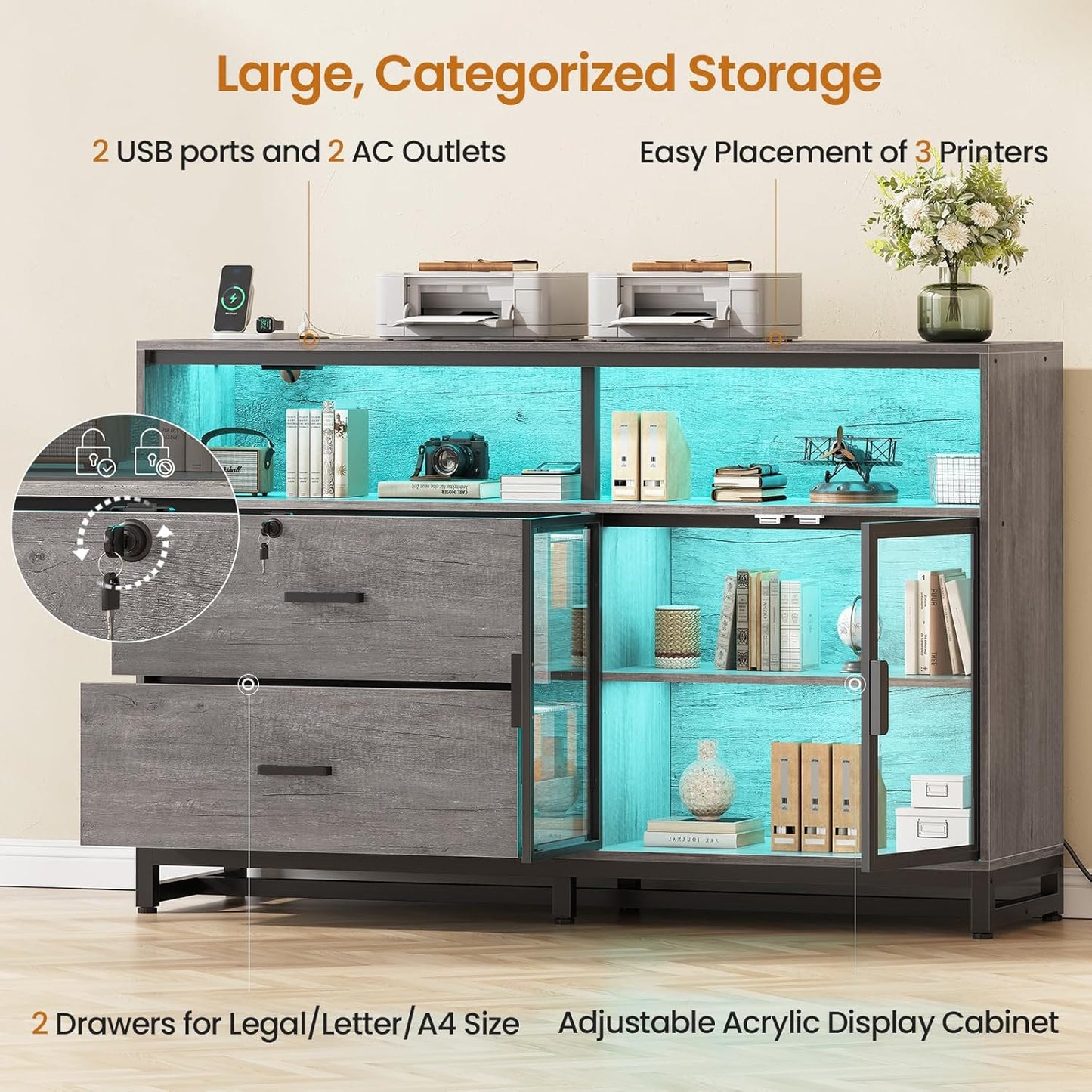 SEDETA 59" File Cabinet, 2 Drawers Filing Cabinets for Home Office fit Legal/Letter/A4 File, File Cabinet with Lock & Power Outlets, Printer Stand with Storage & LED Lights, Grey