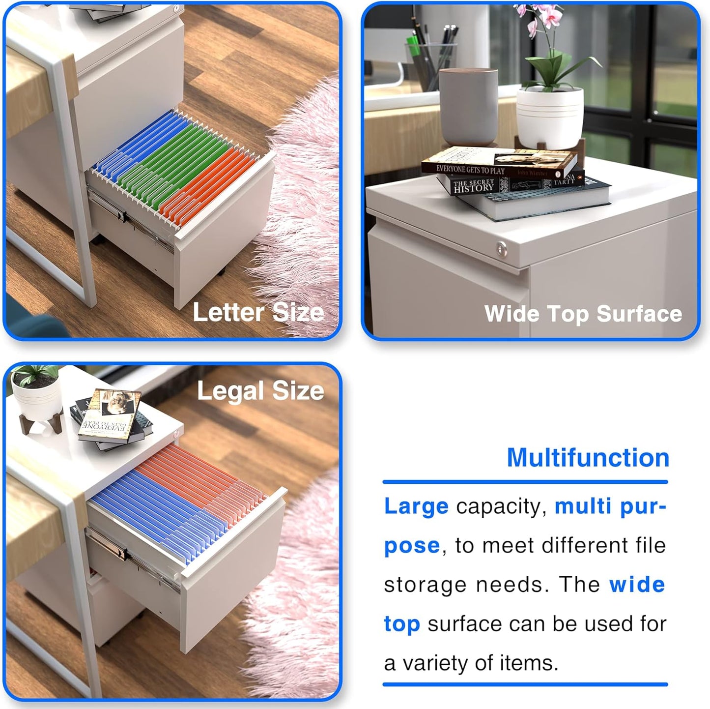 METAN Mobile Metal 2 Drawer File Cabinet with Lock, Rolling Cabinet for Both Legal and Letter Size Hanging Folders, Perfect File Storage for Home Office, Pre-Assembled Except 5 Casters,White