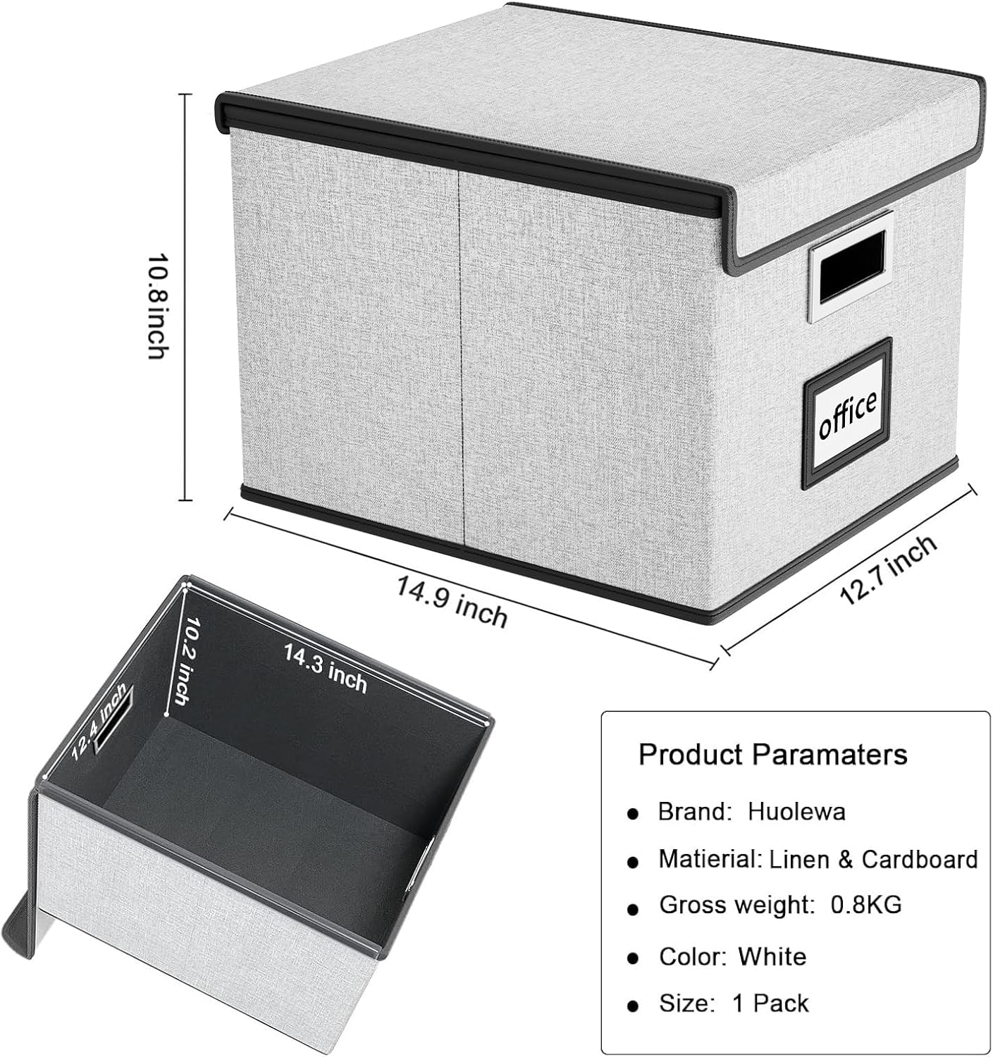 Huolewa Decorative File Storage Organizer Box with Lid, Portable Collapsible Linen Hanging Filing & Storage Boxes for Office/Decor/Home (White) - 14.9 x 12.7 x 10.8 inch - 1Pack