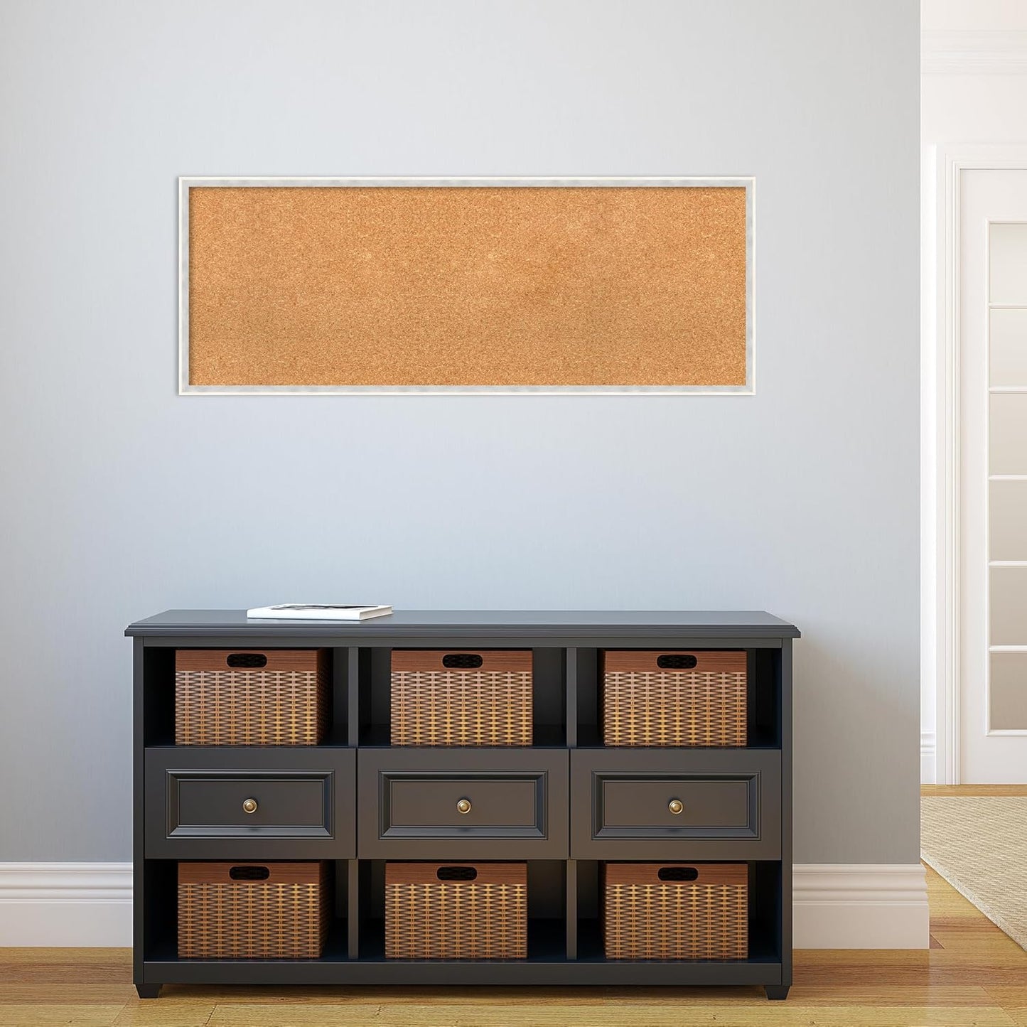 Amanti Art Natural Cork Board for Wall, 17x45 Vision Board with White Frame, Oversize Corkboard Office Decor for Home Organization, Modern Corkboard Pinboard to Display Items for Home Organization in
