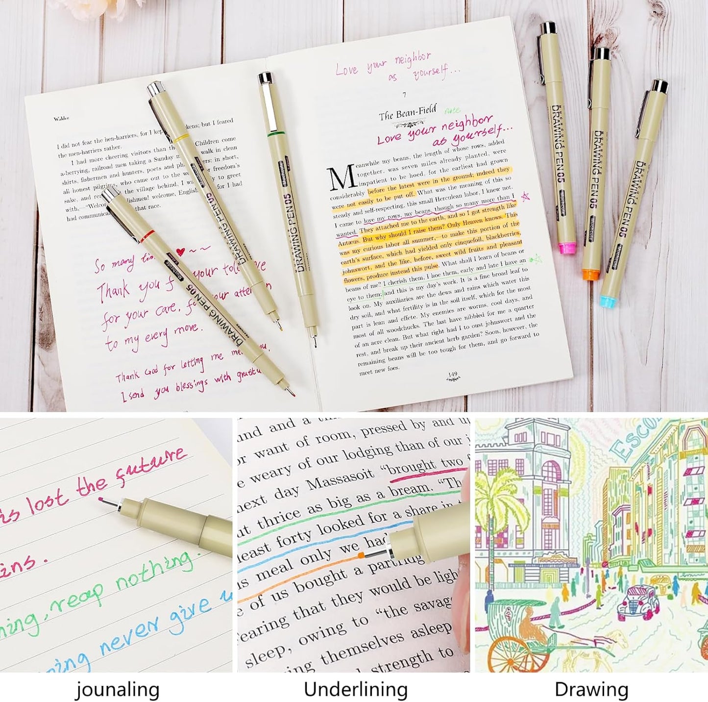 Muchcute 01 Micro Fineliner Drawing Art Pens: 12 Colors 0.25mm Extra Fine Point Bible No Bleed Smooth Journal Zentangle Study Supplies Colored Waterproof Line Ultra Needle Tip Fine liner Thin Gel Felt