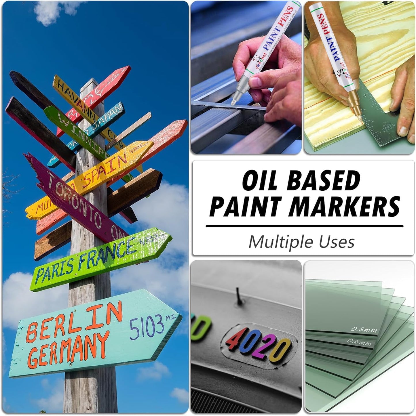 White Paint Pens marking pens Permanent Markers - 6 Pack Oil Based Waterproof Markers for Tire, Rubber,Wood, Rocks, Metal, Canvas,Plastic, Dark Surface,Craft office Supplies,Medium Point