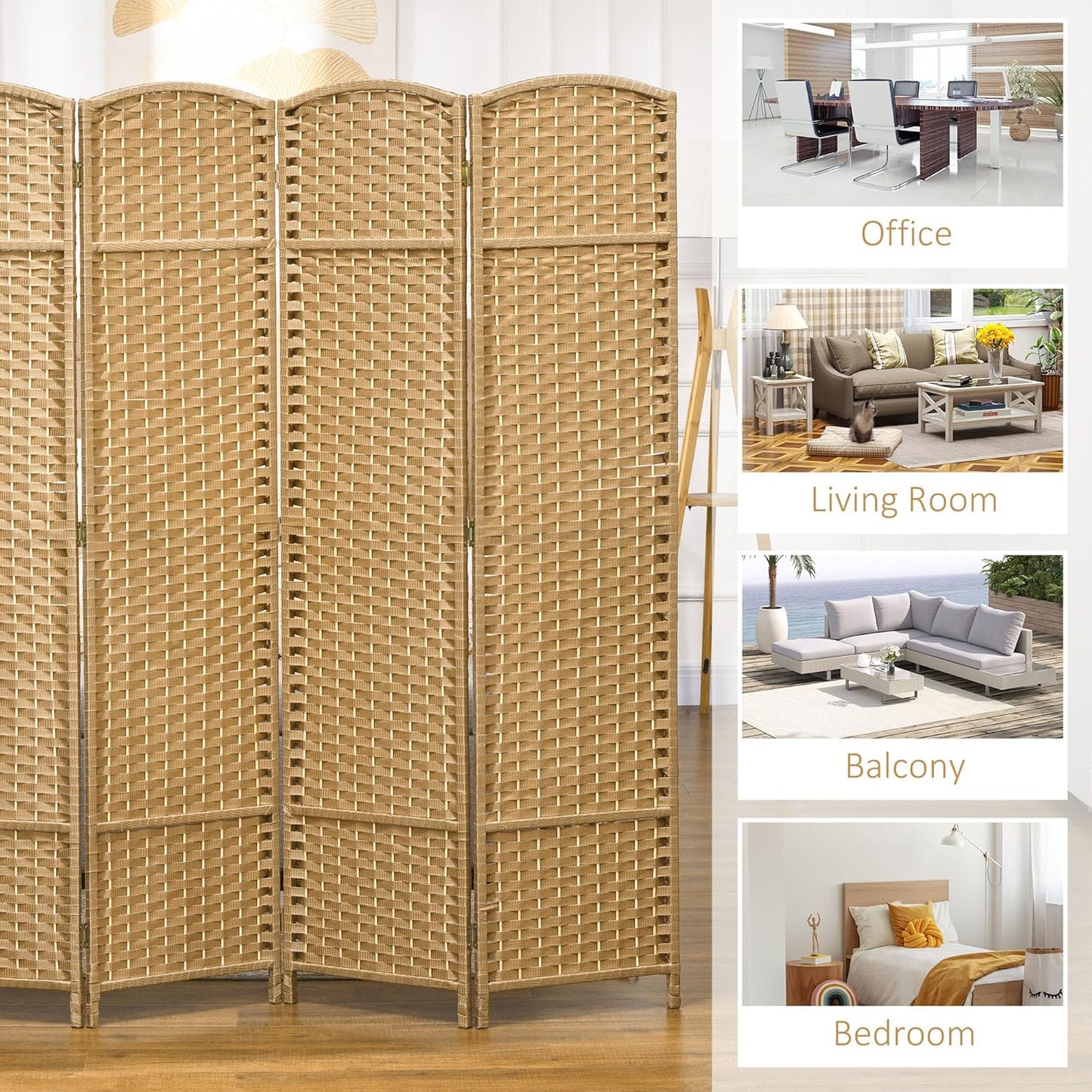 HOMCOM Room Divider, 4 Panel Folding Privacy Screen, 5.6' Tall Freestanding Wall Partition for Home Office, Bedroom, Nature Wood