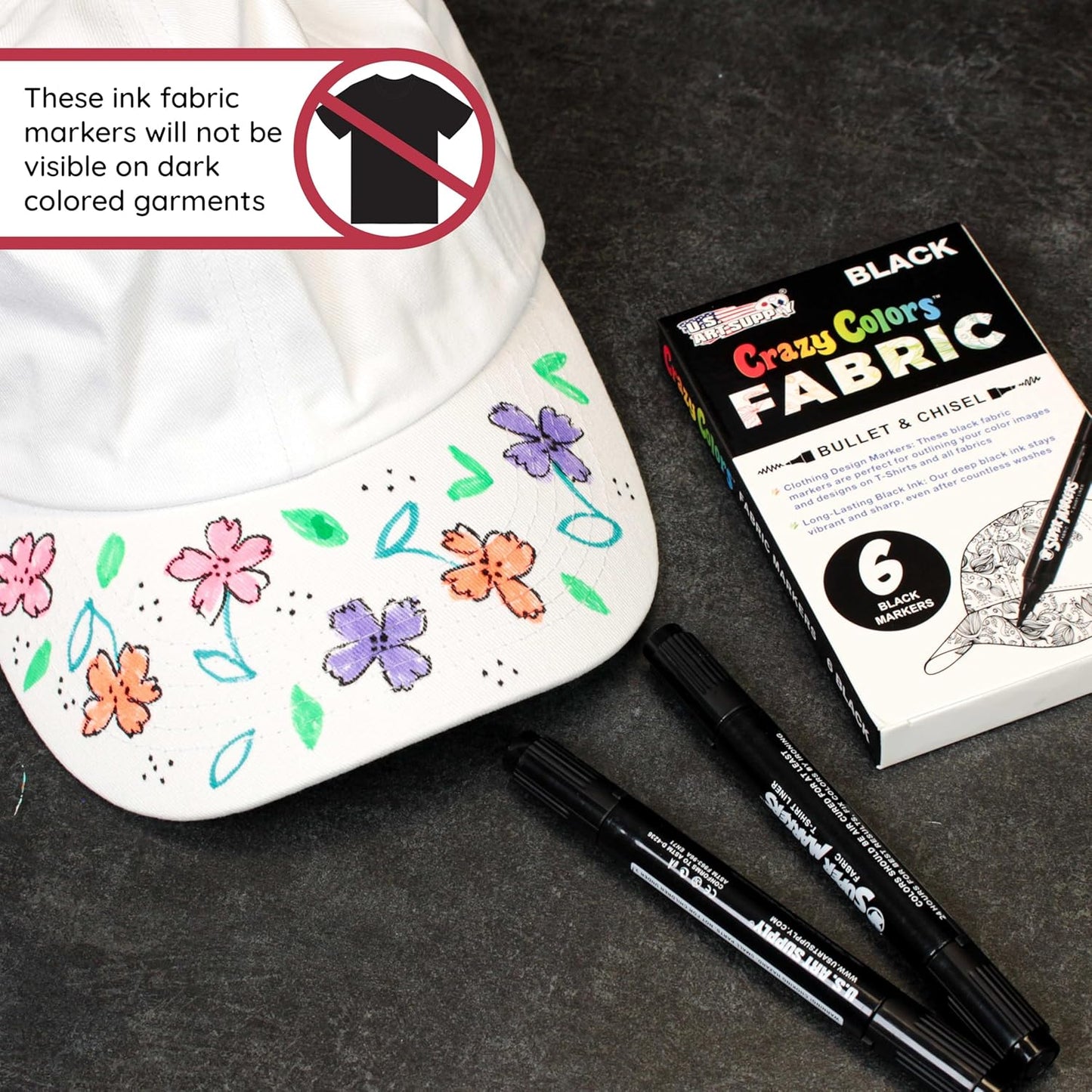 Super Markers Black Dual Tip Fabric & T-Shirt Markers, Set of 6 - Double-Ended with Chisel Point and Fine Point Tips - Permanent Vibrant Ink - Outline Clothing Designs Decorate Clothes