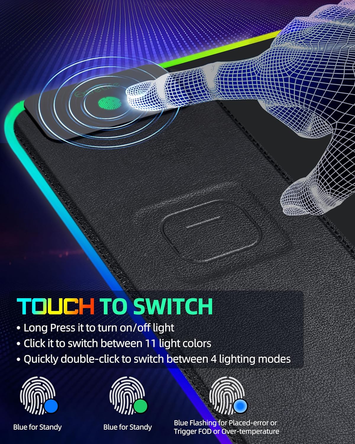Mouse Pad with Wireless Charging, RGB Gaming Desk Mat, 31.5"x15.7" Large XXL Desk Pad, 15 Lighting Modes, Non-Slip Mouse Mat, Waterproof Computer Keyboard Pad, Black with 20W PD Power Adapter