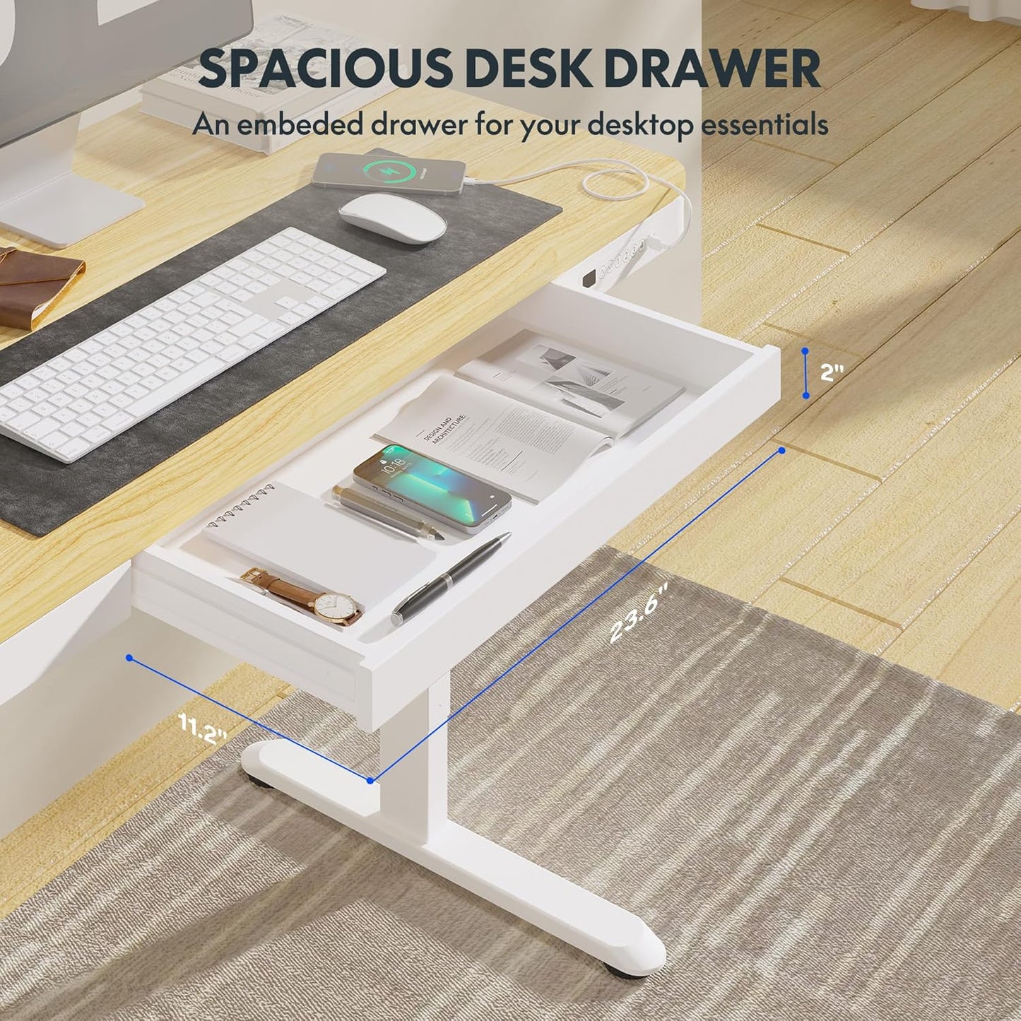 FLEXISPOT Comhar Electric Standing Desk with Drawers Charging USB Port, Height Adjustable 48" Whole-Piece Quick Install Home Office Computer Laptop Table with Storage (Maple Top + White Frame)