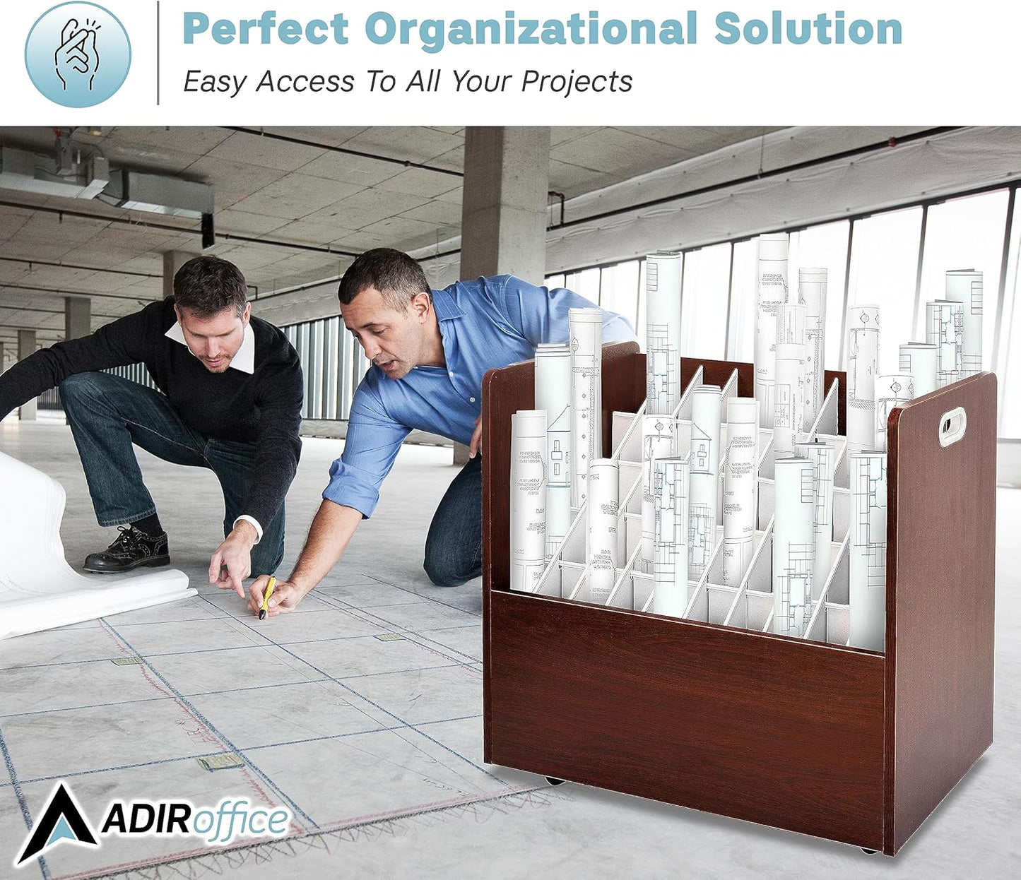 Adir Blue Print Storage Organizer - Mobile Roll File Cart, Construction Plan Holders, Blueprint Cabinet with Wheels, Roll Files Storage for Office and Home (50 Slots, Mahogany)
