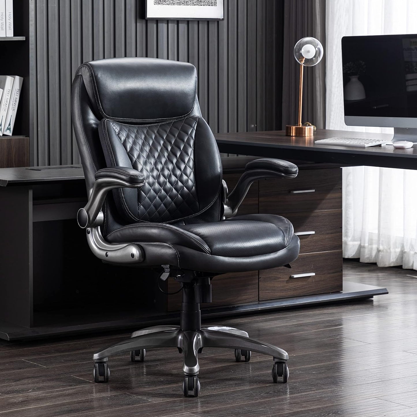 Amazon Basics Ergonomic Executive Office Desk Chair with Lumbar Support, Flip-up Armrests, Adjustable Height, Grey Leather