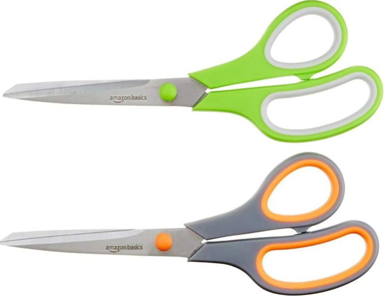 Amazon Basics Stainless Steel Scissors – Multipurpose PVD-Coated Office and Craft Scissors (2-Pack, Green and Grey)