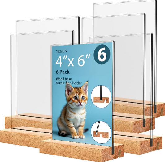 Acrylic Sign Holder with Wooden Base – Modern 4x6 Desktop Display Stand for Menus, Photos, and Promotional Materials
