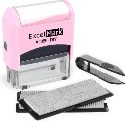 ExcelMark Self-Inking DIY Custom Rubber Stamp Kit – Personalized Address & Business Stamper (Pink)