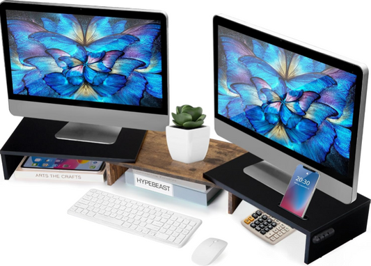 Dual Monitor Stand Riser – Adjustable Wooden Desktop Organizer for a Comfortable and Organized Workspace