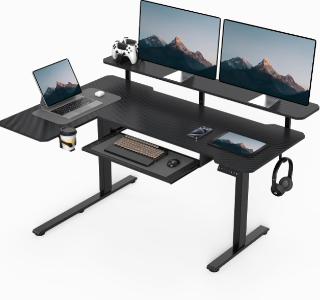 59-Inch L-Shaped Electric Standing Desk with Shelves and Keyboard Tray – Adjustable Height Corner Desk for Home Office