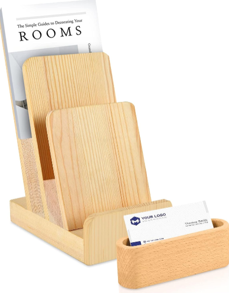 3-Tier Wooden Brochure Holder with Business Card Rack – Flyer, Pamphlet & Literature Display Stand
