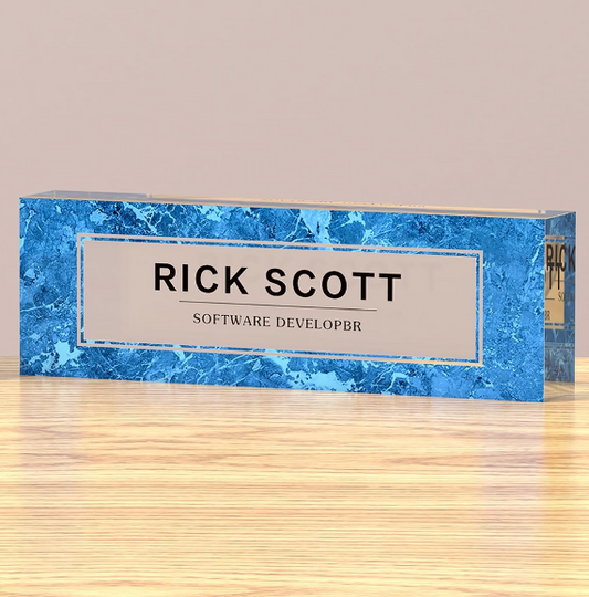 Personalized Office Desk Name Plates Set – Acrylic Teacher Nameplate with Blue Border