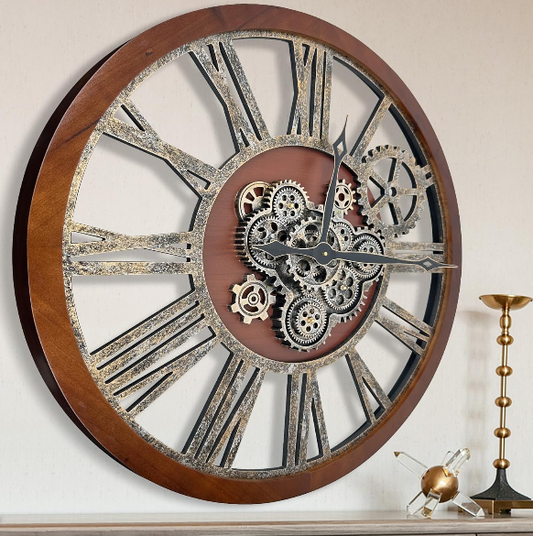 The B-Style 30-Inch Large Rustic Moving Gears Wall Clock – Vintage Industrial Farmhouse Decor for Living Rooms