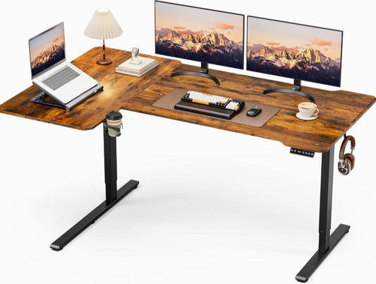 71-Inch L-Shaped Electric Standing Desk – Adjustable Height Corner Desk with Reversible Splice Board in Rustic Brown