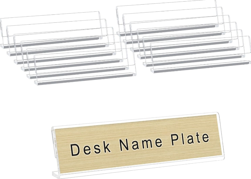AITEE Acrylic Desk Name Plates 12 Pack: Clear 2x8 Name Plate Holders for Office and Events