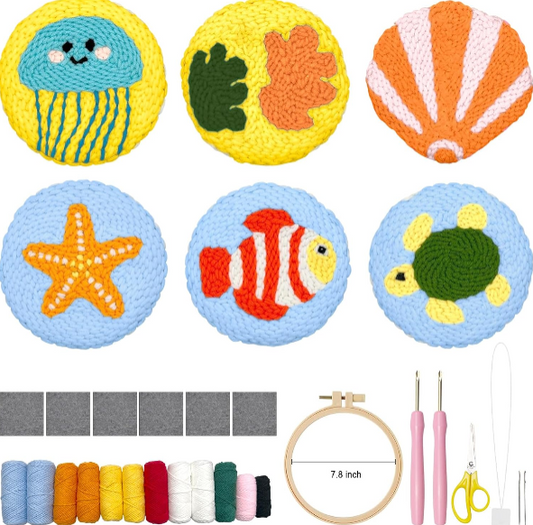 Punch Needle Kit for Adult Beginners – Marine Life Coaster Starter Set for Easy Embroidery Crafting