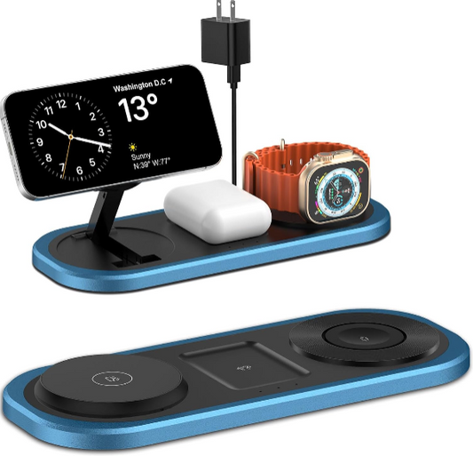 3-in-1 Fast Wireless Charger Stand for iPhone – Foldable MagSafe Travel Charging Station for iPhone 17/16/15/14/13/12 Series, Apple Watch, and AirPods (Blue)