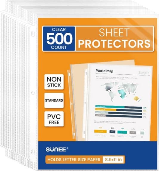 SUNEE Sheet Protectors 500 Pack: Clear PVC-Free Page Protectors for 3 Ring Binders