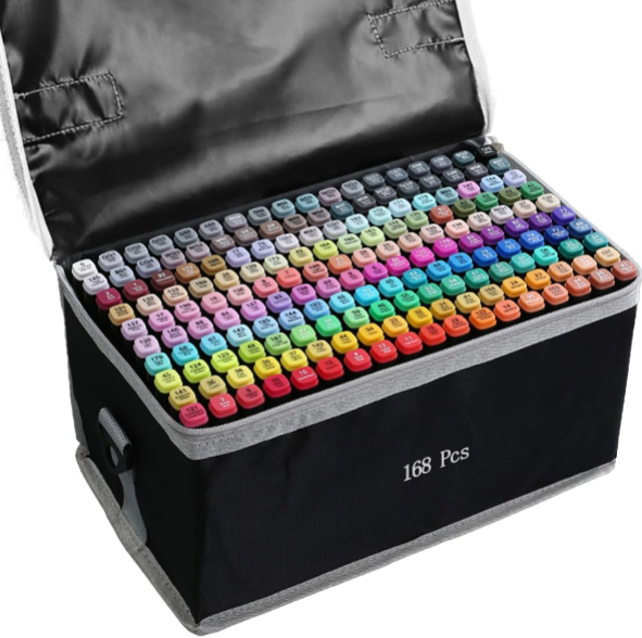 Alcohol Markers Set – 168 Dual-Tip Permanent Sketch Markers for Kids and Adults with Organized Carrying Case