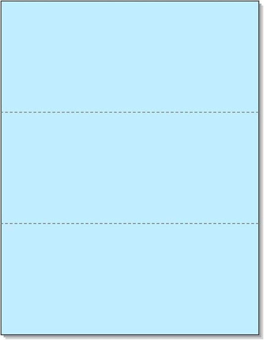 Limited Papers (TM) 8.5x11 Perforated Paper, 20/50 Pound, 75 GSM, Variety of Perforation Sizes and Colors, for Forms, Tickets, Postcards. (Blue, 3 up - horizontal 3 2/3" and 7 1/3" from bottom)