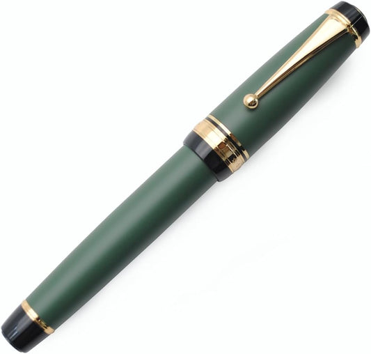 Metal Big Fountain Pen Set Medium Nib 0.7mm, Includes Ink Refill Converter, 5 Ink Cartridges & Gift Box (Medium Nib 0.7mm, Matte Green)