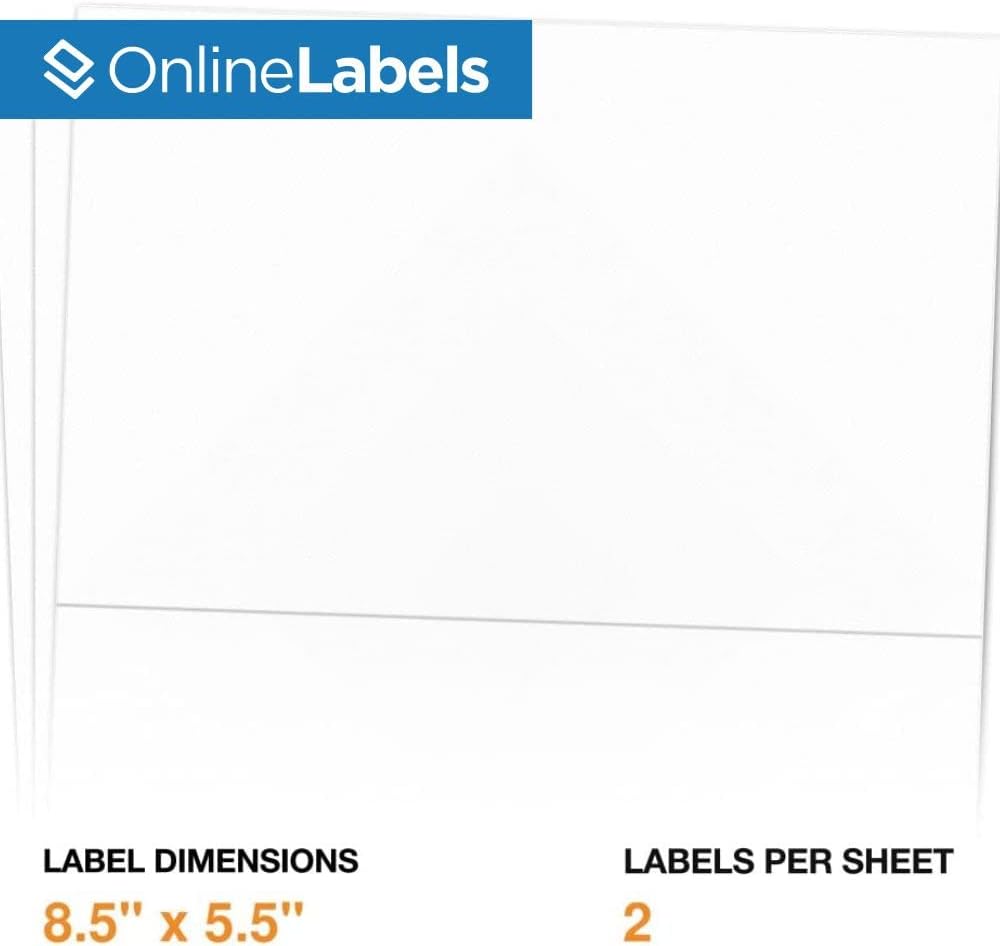 8.5 x 5.5 Half-Sheet Shipping Labels - Permanent, White Matte - for FBA, FedEx, UPS - Pack of 50 Labels, 25 Sheets - Inkjet/Laser Printers - Online Labels