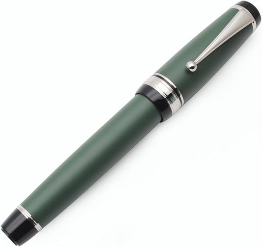 Metal Big Fountain Pen Set Medium Nib 0.7mm, Includes Ink Refill Converter, 5 Ink Cartridges & Gift Box (Medium Nib 0.7mm, Matte Green with Silvery Clip)