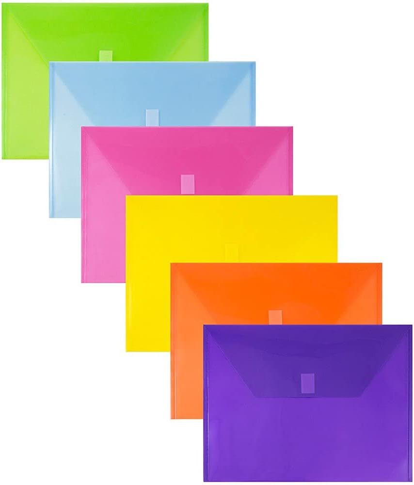 JAM PAPER Plastic Envelopes with Hook & Loop Closure - Letter Booklet - 9 3/4 x 13 - Assorted Colors - 6/Pack