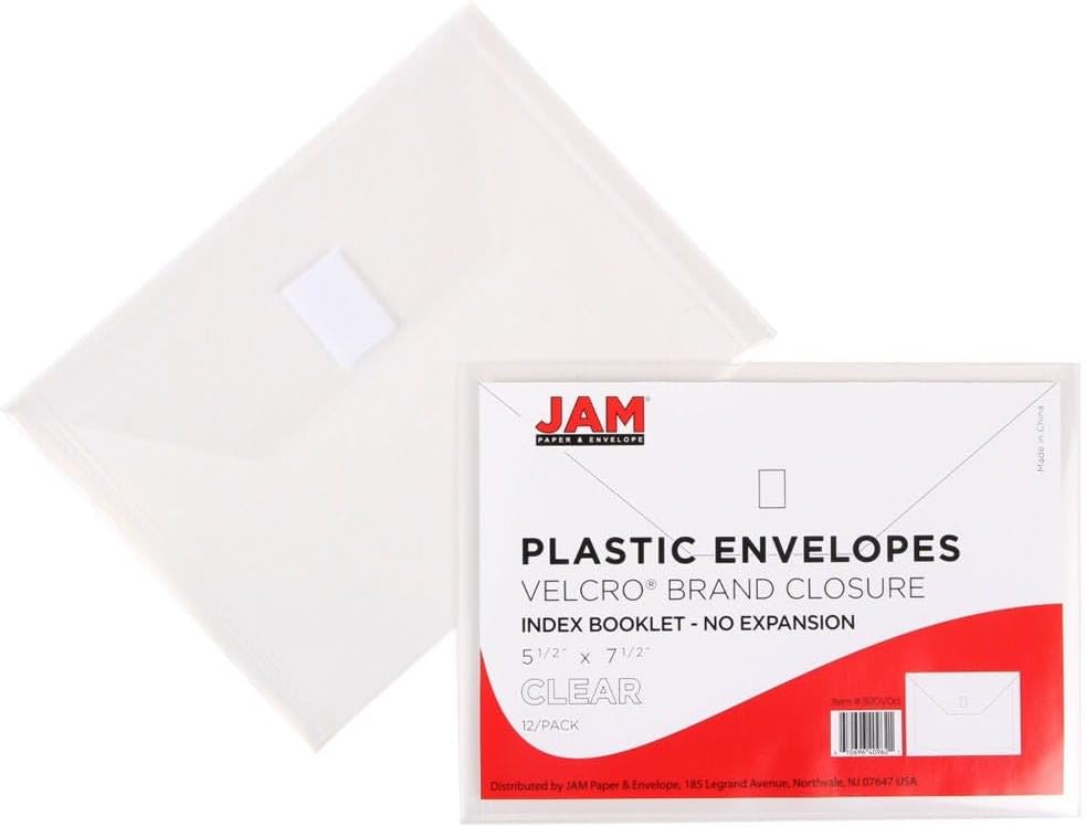 JAM PAPER Plastic Envelopes with Hook & Loop Closure - Index - 5 1/2 x 7 1/2 - Clear - 3/Pack
