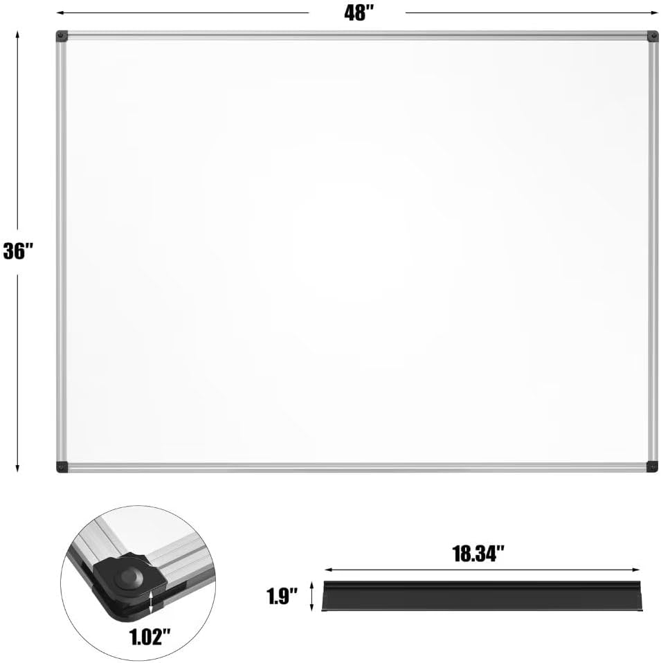 Magnetic Dry Erase Whiteboard 48 x 36 Inch - 4 x 3 Large White Board, Silver Aluminum Frame Wall-Mounted, Magnetic Eraser, 2 Pen, Detachable Marker Tray, 6 Magnets for Office, School