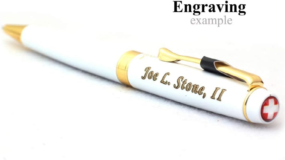 Free Engraving - Personalized Swiss Expert Black Ballpoint Pen, Medium Point, Roller pens, Groomsmen Gift, Free Custom Engraved Gifts for Men, Women (White)