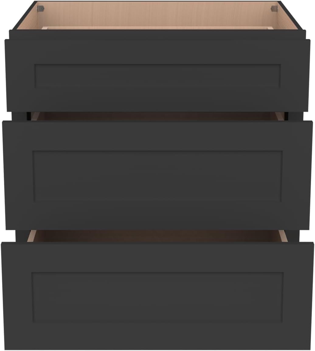 Shaker Style Charcoal Black RTA Base Cabinet -Solid Wood 3-Drawer Design with Soft Close Feature, 18" W x 24" D x 34.5" H, Perfect for Standalone Use or Kitchen Cabinet Combinations