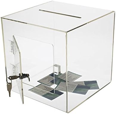 Source One Premium Acrylic Cube Donation Box with Deluxe Rear Open Door and Cam Lock Suggestion Box (12 Inch, Clear)