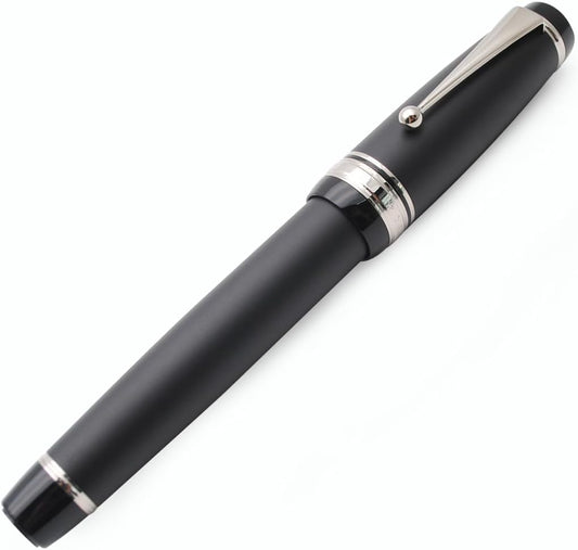 Metal Big Fountain Pen Set Medium Nib 0.7mm, Includes Ink Refill Converter, 5 Ink Cartridges & Gift Box (Medium Nib 0.7mm, Matte Black with Silvery Clip)