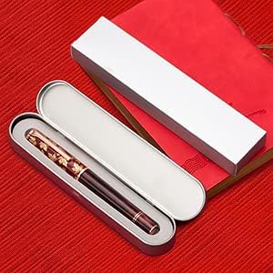 Hongdian N8 Fountan Pen, Iridium Fine Nib, Rose Gold Trim Maple Leaf Carving Cap Red Acrylic Resin, Smooth Writing Pen with Converter and Metal Pen Box Set