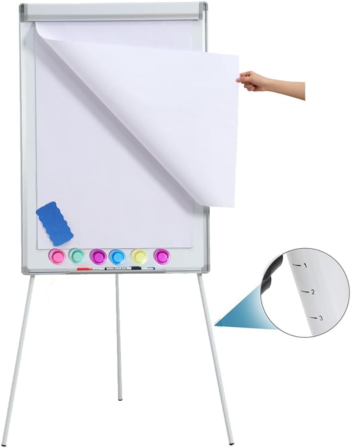40"x28" Magnetic Dry Erase Board Easel Stand - Adjustable Height Tripod Whiteboard | Includes Flipchart Pad, 6 Magnets & Eraser | Portable Presentation Board for Office, School,White Frame