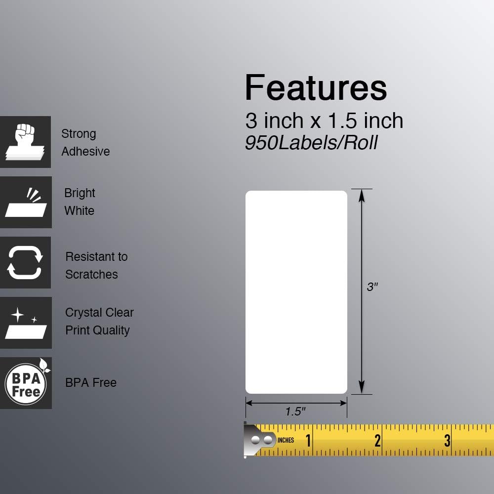 BETCKEY - 3" x 1.5" (76 mm x 38 mm) Barcode Shipping & Address Labels Compatible with Zebra & Rollo Label Printer,Premium Adhesive & Perforated [2 Rolls, 1900 Labels]