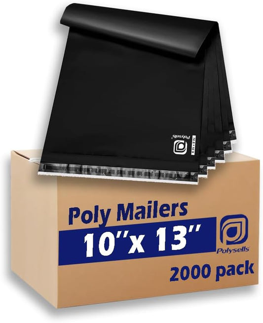 POLYSELLS 2000 pcs 10x13 Inches Black Poly Mailers Shipping Envelopes, Strong Adhesive Sealing, Waterproof, and Tear-resistant Postal Mailing Bags for Clothing, Books, and Accessories