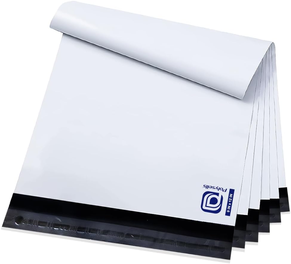 POLYSELLS 100 pack 9x12 Inch Poly Mailers Shipping Envelopes, Strong Adhesive Sealing, Waterproof, and Tear-resistant Postal Mailing Bags for Clothing, Books, and Accessories White