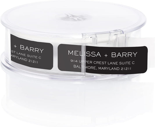 Striking Black Modern Rolled Address Labels/Roll of 500 Personalized Address Labels/Designer Return Address Stickers in Elegant Plastic Dispenser