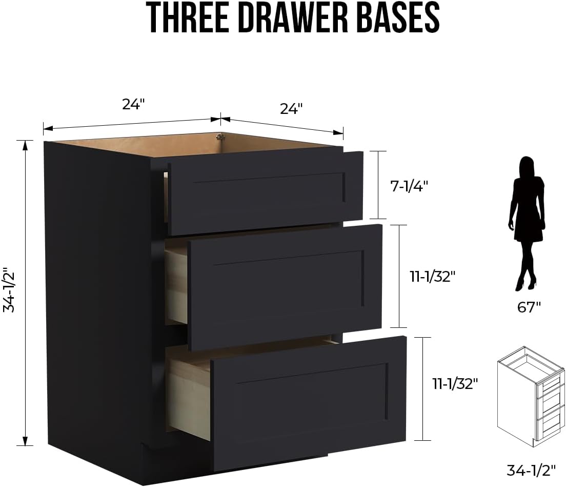 Shaker Style Charcoal Black RTA Base Cabinet with Drawers - Solid Wood 3-Drawer Design with Soft Close, 24" W x 24" D x 34.5" H, Perfect for Standalone Use or Kitchen Cabinet Combinations